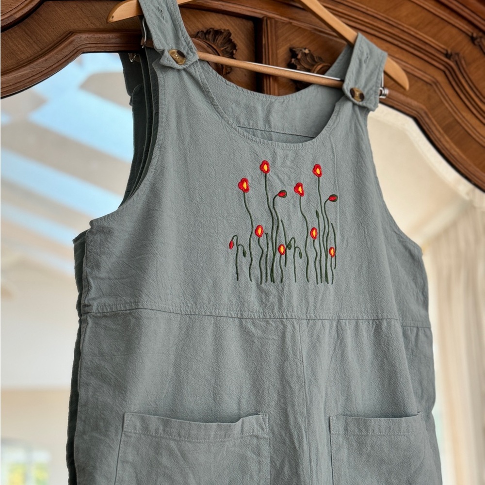 Sage Green Women’s Overalls with Floral Embroidery